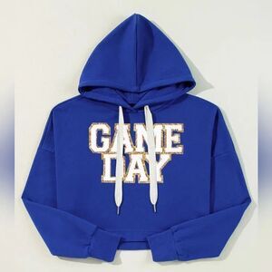 Women's Casual All Day Blue 'Game Day' Crop Drawstring Hoodie